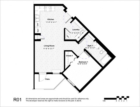 Floor plan for 1 bed, 1 bath, 681 sqft